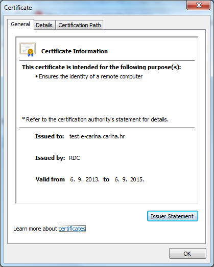 Detalji certifikata za testnu okolinu Detalji certifikata za testnu okolinu