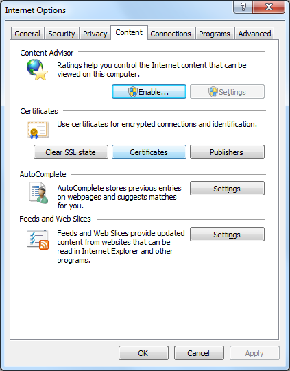 IE Internet options - Content IE Internet options - Content
